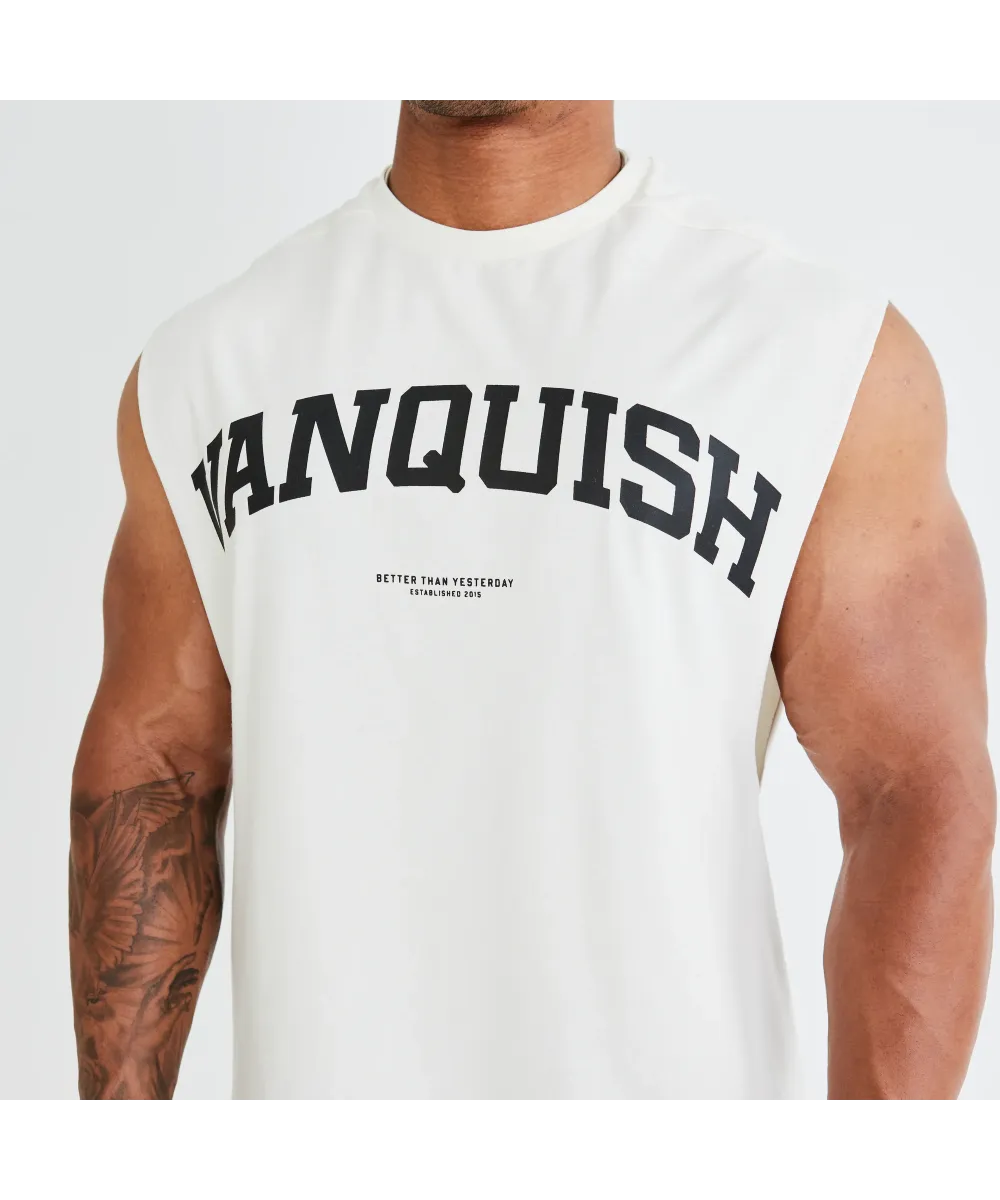 VANQUISH VINTAGE WHITE VARSITY OVERSIZED SLEEVELESS T SHIRT - VANTEGE WHITE - XXL