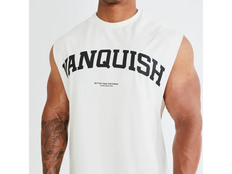 VANQUISH VINTAGE WHITE VARSITY OVERSIZED SLEEVELESS T SHIRT - VANTEGE WHITE - XXL